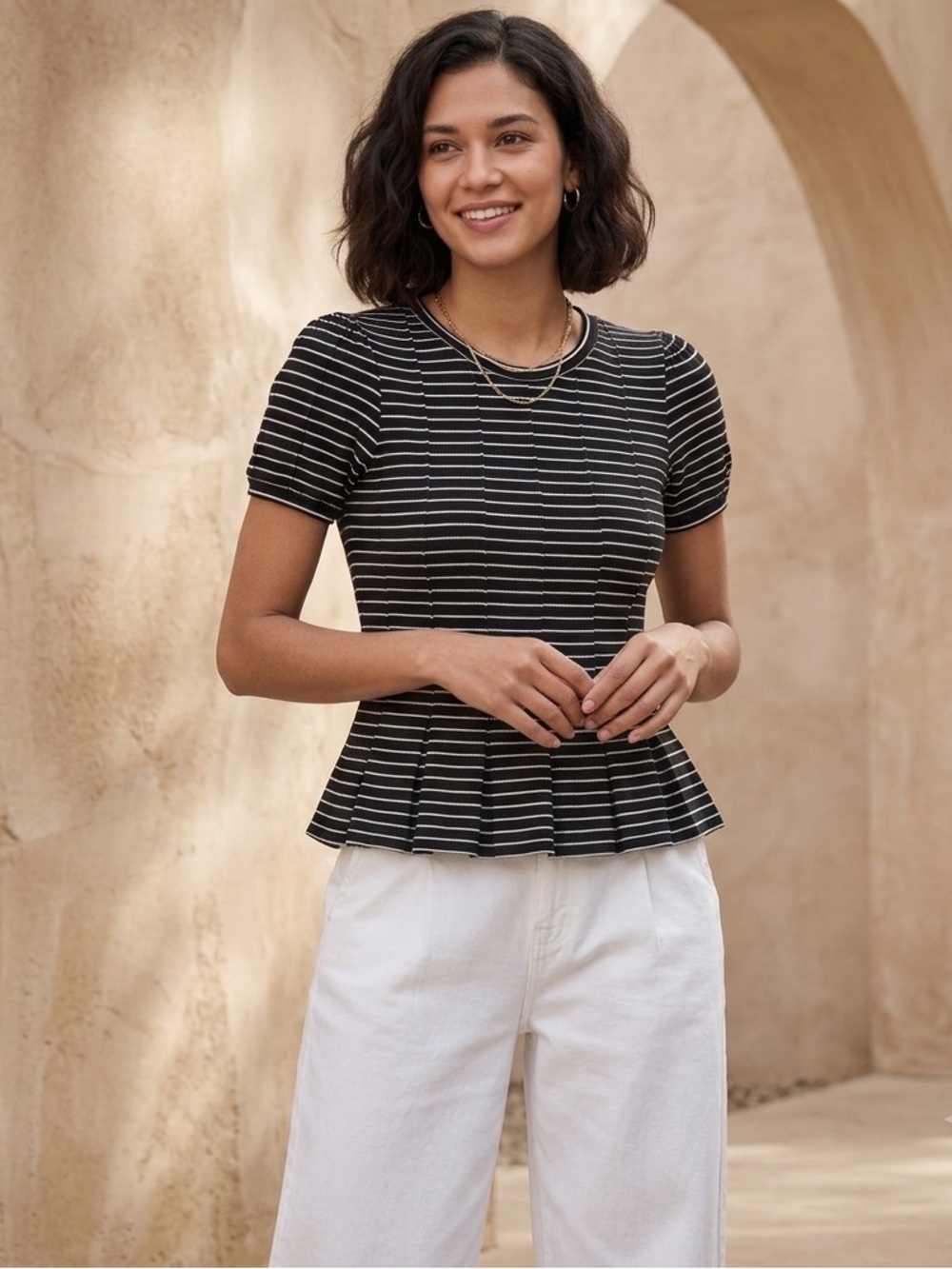 Maeve by Anthropologie Black & White Striped Pleated Top - Size XSmall